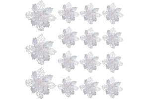 SUNSHINE SMILE Sunny Smile 15 Piezas Flores Navidad Artificiales,Flores de Pascua Navidad,Flor de Simulación Navideña,Purpurina de Navidad Flores,Árbol de Navidad Flores Falsas Decoración（Blanco）
