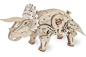 EWA Eco-Wood-Art EWA EcoWoodArt drewniane puzzle 3D dla młodzieży i dorosłych, mechaniczny model dinozaura, model triceratopsa, zestaw do samodzielnego montażu, nie wymaga kleju, kolor naturalny