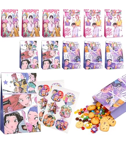 12 Sacs En Papier + 12 étiquettes Pour Fête D'enfants - Décoration Anniversaire, Bonbons, Goodies - Motif Demons Hunters (aléatoire) - 7