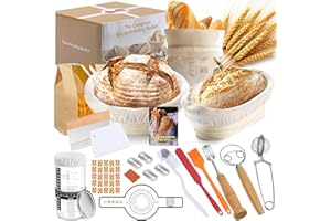 ‎GEEKHOM GEEKHOM Sauerteig Starter Set mit 2 Gärkörbchen - 12-Teilige Brot Backen Zubehör - Inkl. 2 Gärkorb (23cm Rund & 25 Cm Oval), Gärglas 650ml, Teigschaber - Sauerteigbrot Komplettset Für Anfänger