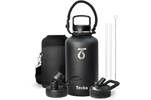 Trebo Insulated Water Bottle 2L with Paracord Handle Wide Mouth Double Wall Stainless Steel Keep Cold 48 Hours Water Bottle with 3 Lids, Black