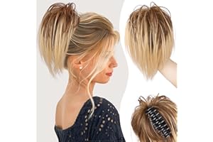 PORSMEER Claw Clip in Ponytail Hair Extensions,Messy Bun Chignon Hair Piece Natural Straight Extensions for Women Girls Tousled Updo Short Ponytail Bun Brown Mix Blonde 10 inch