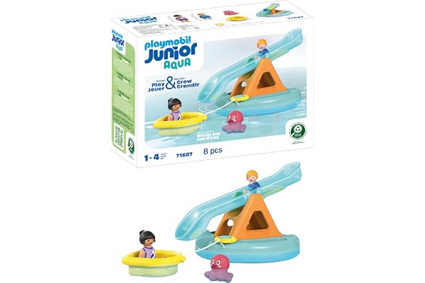 Playmobil 71687 Junior Aqua : Ilôt avec Toboggan Aquatique - incluant Un Petit Bateau et Une Pieuvre - Jouet fabriqué à partir de matière d'origine végétale - Dès 12 Mois