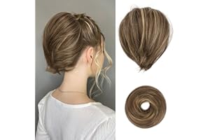 BARSDAR Highlight Hair Bun Extensions, Short Straight Ponytail Hair Bun Extensions for Women Synthetic Elastic Scrunchies Hairpieces Daily - Brown & Ash Blonde Highlights