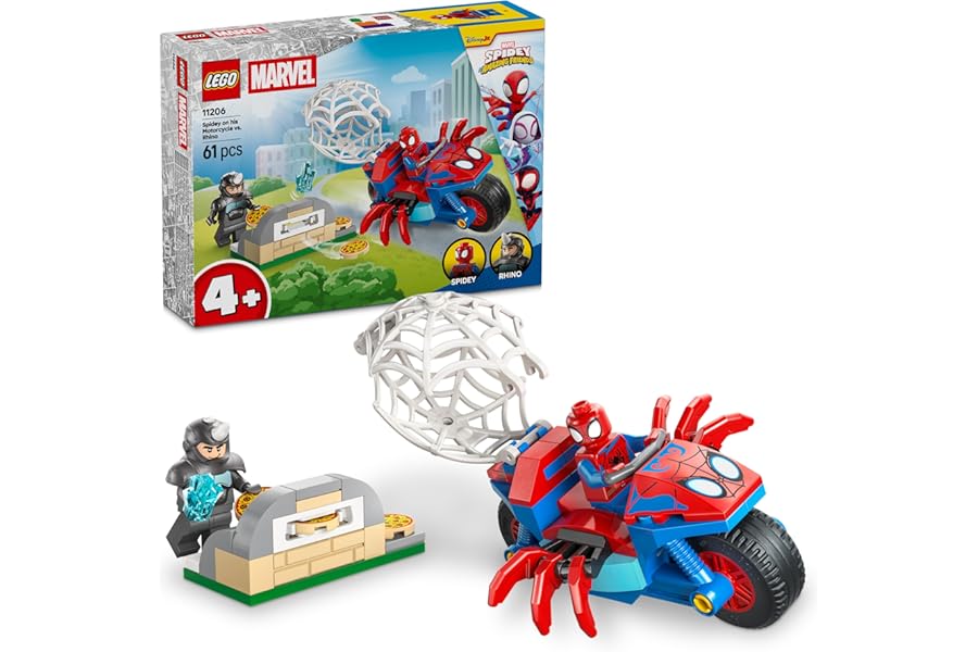 LEGO Marvel Spidey on the Motorcycle Against Rhino - Superhero Motorcycle Toy with 2 Minifigures - Gift for Children 4 Years and Up Spidey Show Fans and His Fantastic Friends - 11206