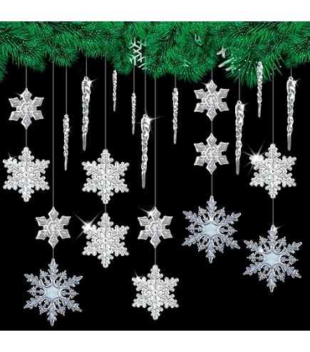 Leonshco Decorazione natalizia, 24 fiocchi di neve, decorazione natalizia con 24 corde, decorazioni da appendere per alberi di Natale e decorazioni natalizie (argento