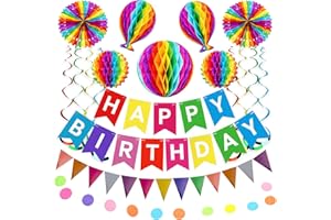 NOA HOME DECO Geburtstagsdeko set, Happy Birthday Girlande, Kindergeburtstag Deko für Mädchen Junge,Wiederverwendbare Party Zubehör Bunt Wimpelkette Geburtstag, Wabenbälle, Papier Fächer und Pompons Dekoration