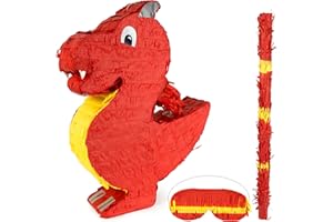 ILP GMBH I LOVE PRODUCTS ILP Pinata Drache zum Befüllen - Drachen Pinata Set mit Pinata Stock und Maske - 50 x 40 x 10 cm - Roter Drache Pinata Geburtstag Junge Mädchen - Drachen Deko Kindergeburtstag - Piñatas