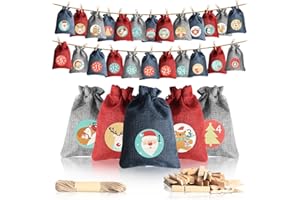 CESHMD Calendario De Adviento Para Llenar, Calendario De Adviento DIY, 24 Bolsas De Regalo Con Cadena Para Llenar y Colgar Tú Mismo, 2023 Bolsas De Adviento Reutilizables Para Hombres, Mujeres y Niños