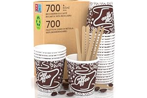 BACIATO CAFFÈ 700 Bicchierini in Carta per caffè 65ml Bicchieri Ecologici Biodegradabili Monouso Piccoli Asporto Bevande Calde + 700 Palettine in legno di Betulla