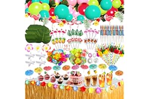 ZLPBAO 162 Pcs Hawaiano Luau Falda de Mesa Set de decoración con Aloha Globos, Decoración de Fiesta de Verano Beach de Fiesta Tropical de 9.6FT con Hojas de Palma Flores Hawaianas Paraguas