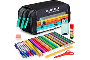 ColePack Design - Lote de Estuche Portatodo Triple con 3 Cremalleras y Material Escolar de Primeras Marcas Incluido (California)