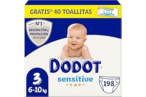 Dodot Pañales Bebé Sensitive Talla 3 (6-10 kg) 198 Pañales + Pack de 40 Toallitas Gratis Cuidado Total Aqua, Absorción y Prot