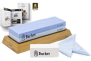 ‎BACHER BACHER kamień wodny premium, podwójna gradacja 1000/3000, ostrzałka kamienna do noży z antypoślizgową podstawą bambusową, kamieniem do wyrównywania powierzchni i szczegółowym przewodnikiem e-book