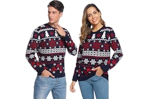 Litherday Pull de Noël Famille Unisexe Sweater Tricot à Col Rond avec Renne Flocon de Neige Arbre de Noël Imprimé Pull Manche Longue Hiver Sweat-Shirt Festif Joyeux Christmas