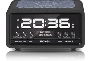 Roxel Nod Bedside Radio, DAB/DAB+ & FM Radio, Alarm Clock, Wireless Phone Charging, Large Digit Display, Dual Bedside Alarm Clock with Wireless Streaming (Black)