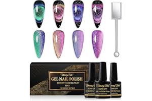 Shining She Cat Eye Gel Nail Polish, 4 Colours Magnetic Nail Polish with Magnet Soak-Off UV/LED Chameleon Holographic Cat Eye Gel Polish for Nail Art Salon DIY Home, 8ML