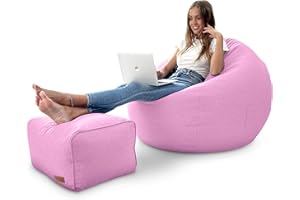 Aiire Puff Salon con Reposapies Rosa - Puf Pera Redondo Gigante y Reposa pies para Gaming Oficina o Dormitorio - Bean Bag Chair o Cojin de Suelo XXL Rosado