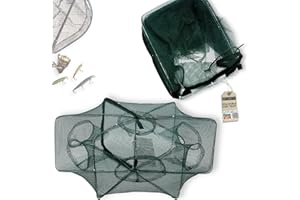 Rankomu Nasse à Poisson 6 Trous – Filet de Pêche Automatique Pliable, Nasse à Écrevisses avec Fermeture Éclair, Pour Rivière Lac Étang (58x22cm, 150g)