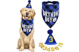 Amaxiu Ensemble de fête d'anniversaire pour chien garçon et chien avec 8 chiffres bling-bling - Fournitures d'anniversaire - Chapeau à paillettes - Bandana à carreaux pour chiens de petite, moyenne et