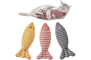 Kemowi Catnip Toys for Cats, 3 Pcs Fish Cat Chew Toys for Indoor Cats, Soft Linen Kicker Toy for Teething & Interactive Play, Red Navy Yellow