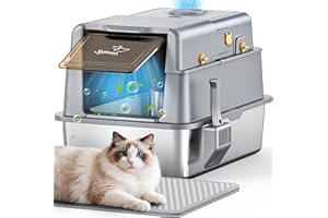 PalNests Stainless Steel Cat Litter Tray, 105° Flip Lid Large Cat Litter Box, Metal Kitten Litter Tray with Fresh Air Deodorization System, High Sided XXL Pet Toilet with Litter Deodorizer, Scoop, Mat