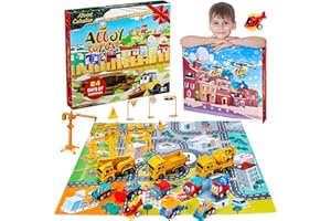 XIEXIENI Véhicules de Chantier, Camion de Construction avec Grue, Pelleteuse et Panneaux de Signalisation, Transporteur de Petites Voitures 24 en 1, Cadeau Éducatif pour Enfants Garçons et Filles 6+