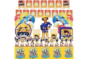 FORHOME Feuerwehrmann Sam Geburtstagsdeko Set, 83PCS Partygeschirr Geburtstag, Feuerwehrmann Sam Party Supplies, Kindergeburtstag Geschirr Set, mit Teller Becher Tischdecke Servietten Banner Luftballons