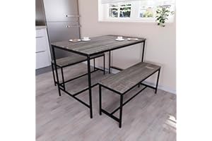 Vida Designs Roslyn 4 Seater Dining Table With 2 Benches, 3 Piece Set, Dining Room Furniture Solid Metal Frame (Grey)