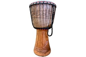 AFRICAN DJEMBE DRUM AMI Djembé ghanéen authentique 28 cm avec de belles sculptures à la main – Livré avec deux instruments gratuits