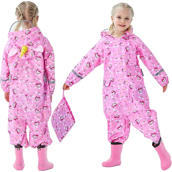 JinBei Regenpak voor kinderen, Regenkleding voor Meisjes Lichtgewicht tweedelig pak met reflector Ademende regenjas en regenbroek Transparante rand Regenset modderpak Roze 1-2 jaar