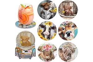 MOGTAA Vaches Peinture Diamant Dessous de Verre, 6 PCS Animaux sous-Verres Art de Diamant avec Support, Kits de Peinture Diamant pour Enfant Adulte Débutants, Décor Intérieur