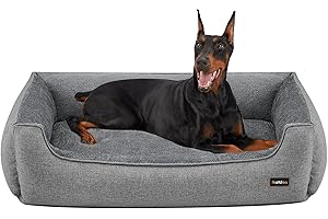 Feandrea Panier pour Chiens, Lit pour Animaux, Canapé, en Tissu Façon Lin, Bords Rehaussés, Antiglisse, Housse Amovible Lavable, Taille XXL pour Grands Chiens, 120 x 90 x 30 cm, Gris PGW013GG