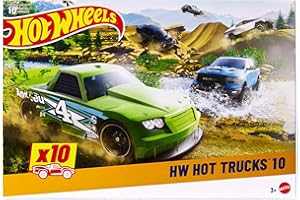 Hot Wheels Toy Trucks 10-Pack (Assorted Styles, One Random Set), Set of 10 Die-Cast 1:64 Scale Utility, Racing & Other Pickups or Vans, Modern & Retro Models, HYM97