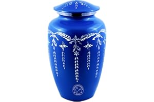 Hind Handicrafts Silver Diamond Engraved Cremation Urn for Human Ashes Adult Funeral Urn Handcrafted - Large Burial Urn for Human Ashes - Bag Included (7.5" x 7.5" x 9.5", Matte Sky Blue)