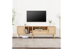 Jaxenor 180cm TV Stand Cabinet Unit for 80 Inch TVs, Spacious Rattan Decoration TV Cabinet with Storage, TV Unit for Living Room, Bedroom, 2 Doors and a Drawer