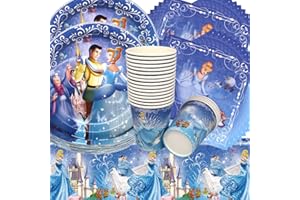 Doyomtoy Cinderella Geburtstag Deko, 61 Stück Partygeschirr Set Geburtstag Party Set Geburtstagsteller Tassen Servietten Prinzessin Geburtstag für Kinder Party Geburtstag