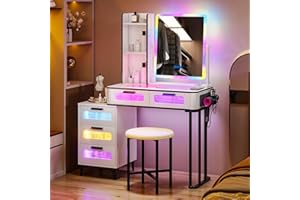 Gurexl RGB Dressing Table with Wireless Charging Station, LED Vanity Make up with USB Ports, 7 Dynamic and 7 Static Dimmable Vanity Table Set with 5 Drawers&Chair, Modern Make Up Vanitys White