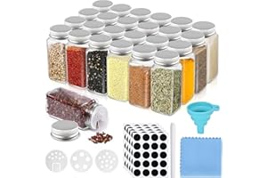 Revivoer Bocaux à Épices, Set de 24 Pots en Verre avec Couvercles avec Étiquettes Pot Epices Avec Saupoudreuse, Entonnoir, Brosse de Nettoyage, Boite Epices Cuisine, Rangement Epices (Argent)