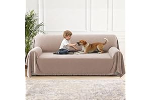 H.Versailtex Chenille Sofa Cover for 2 3 4 Seater, Waterproof Sofa Slipcover Sofa, Washable Couch Cover with Tassel, Soft Couch Covers for Dogs, Breathable, All-season Universal, 180 x 300 cm, Camel