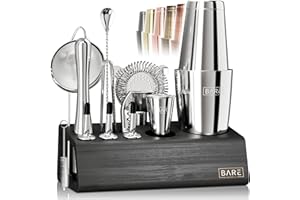 BARE BARREL Pro Mixology Bartender Set Bar Kit | Set da 14 pezzi Boston Cocktail Shaker | Strumenti professionali per la miscelazione di baristi a casa | Biglietti di ricette con supporto in bambù | Set regalo