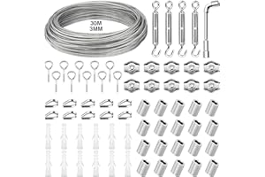 KOMABLEN 30m Cable Acero 3mm, 304 Inoxidable Cable de Acero con Tensor Cable Acero, Abrazadera de cable, PVC Cable Acero Plastificado Cuerda Tendedero Exterior para Soporte Planta, Esgrima, Toldos