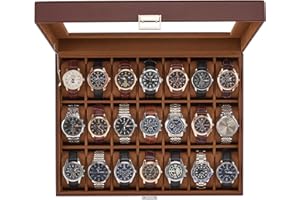 ProCase Caja Organizadora de Relojes 21 Ranuras, Estuche Joyero con Tapa de Cristal, Vitrina de Almacenamiento para Relojes, Pulseras y Joyas, Regalo Elegante para Hombres y Mujeres- Café