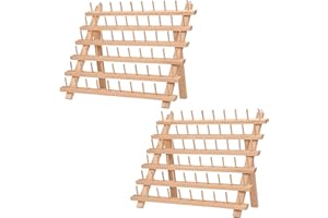 Kurtzy Support Bobine en Bois (Lot de 2) - Stand Organisateur 60 Bobines avec Crochets Muraux - Debout ou Suspendu - Porte Bobine en Bois de Hêtre pour Broderie, Matelassage et Fil a Coudre