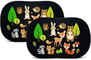HECKBO 2 x samochodowa osłona przeciwsłoneczna z 8 przyssawkami – motyw zwierząt leśnych – 48 x 31 cm – okno boczne na okno samochodowe, osłona przeciwsłoneczna na szybę boczną – z kieszenią – dla