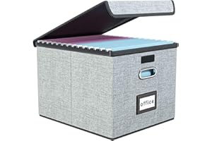 Finew Boîte de rangement pliable en tissu avec couvercle, pour dossiers suspendus DIN A4, boîtes de rangement pour bureau, boîte pliante pour les familles (gris)