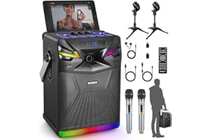 GEYGUY Macchina Karaoke 6,5" con 2 microfoni, sistema PA Bluetooth portatile con luci DJ, cassa acustica wireless Music Box Supporta USB-C, LINE IN, Radio FM, Rec per feste/adulti/streaming live GPSK-1