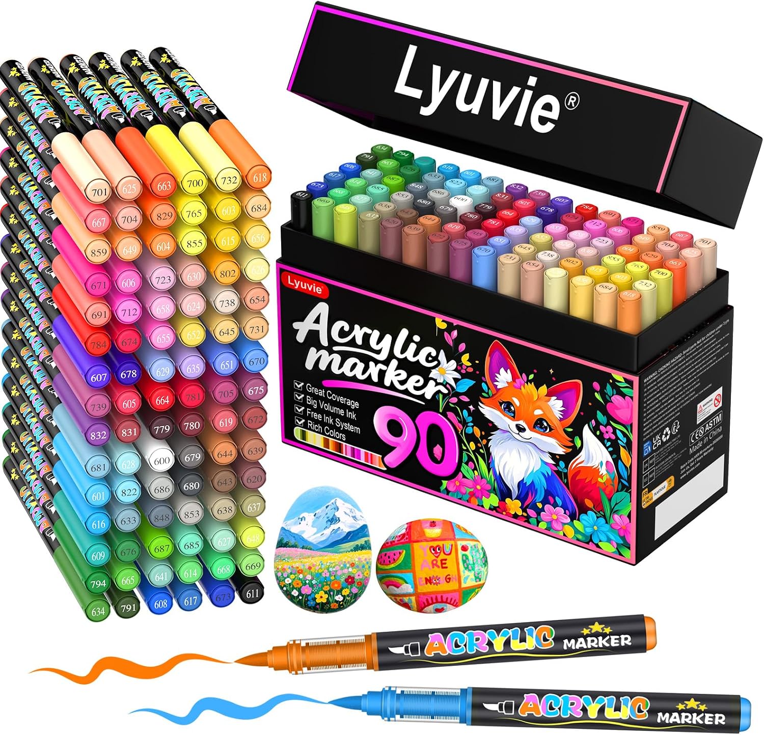 Lyuvie 90 Couleurs Feutre Acrylique, Acrylic Paint Brush Marker à Peinture à Base D'eau, Marqueur Peinture Acrylique pour la Peinture sur Pierre,Bois,Galets,Papier, Tissu,Verre, Plastique