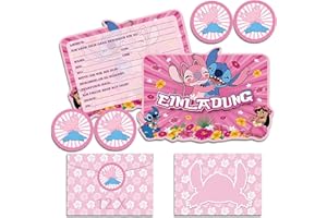 Hangsky 12x Stich Einladungskarten Kindergeburtstag Mädchen mit Umschlag Deutsch, Geburtstagseinladungen Mädchen, Cartoon Einladungskarten Geburtstag Set für Themed Party (A6) (D)