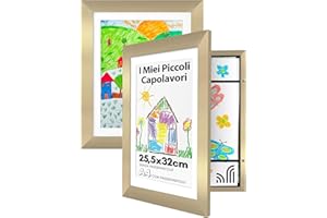 Americanflat Cornice Porta Disegni per Bambini (Oro) - Cornice A4 con Passepartout e 25x32 cm Senza Passepartout - Cornice Apribile per Disegni Bambini con Vetro Infrangibile, Pacco da 2